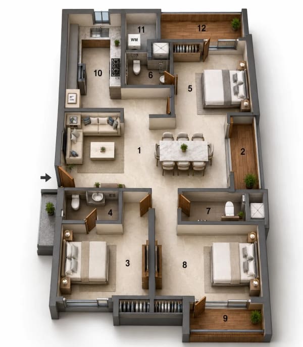 3 BHK Apartment floor plan — Jains Anushree