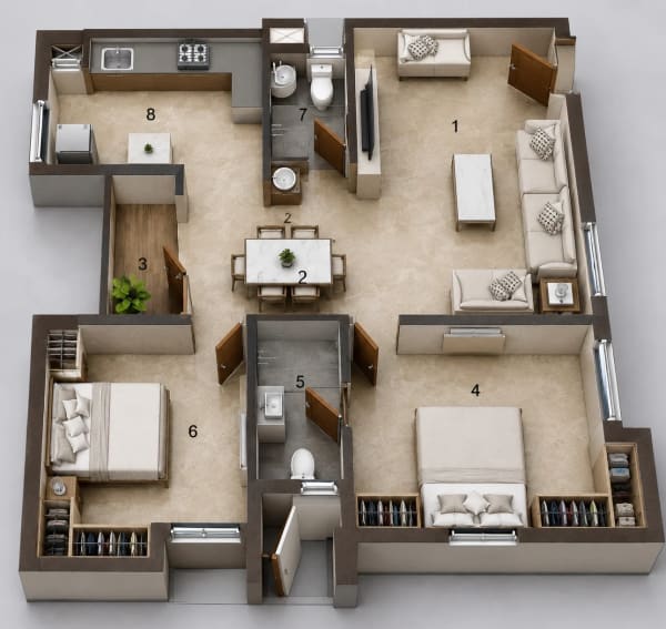 2 BHK Apartment floor plan — Jains Aadhya