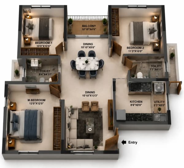 3 BHK Apartment floor plan — TVS Emerald Udyana Phase III