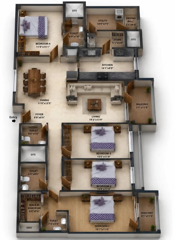 4 BHK Apartment floor plan — TVS Emerald Luxor