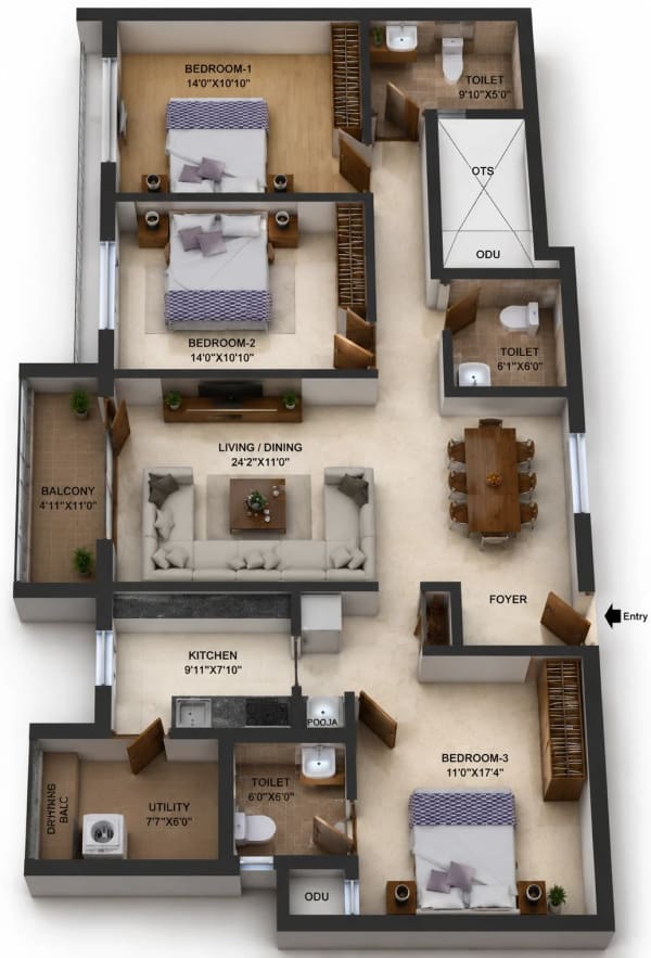 3 BHK Apartment floor plan