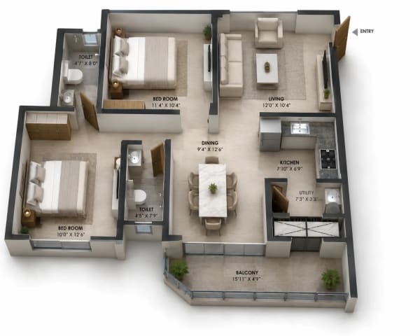 2 BHK Apartment floor plan