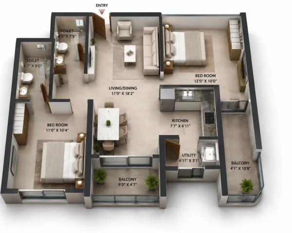2 BHK Apartment floor plan