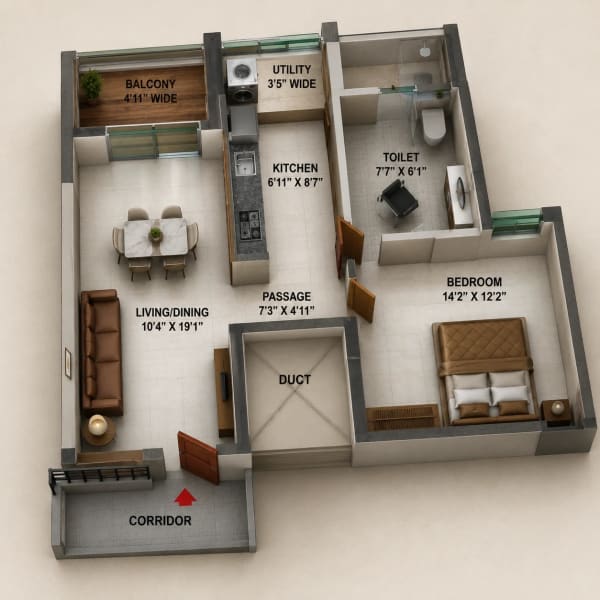 1 BHK Apartment floor plan