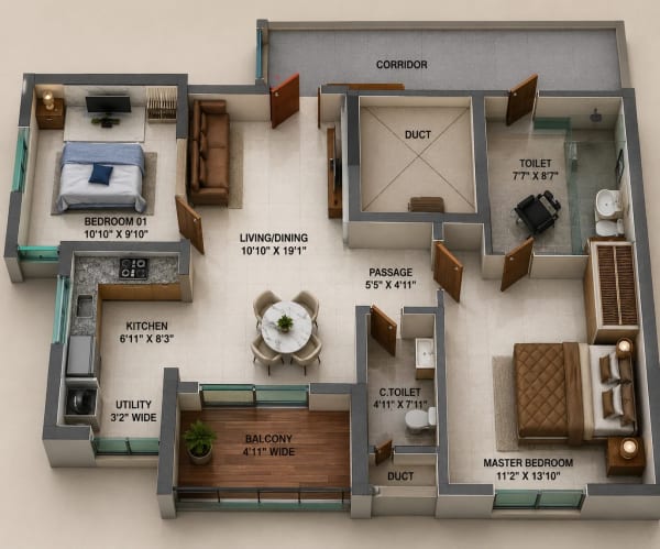 2 BHK Apartment floor plan — TVS Emerald Serene Springs