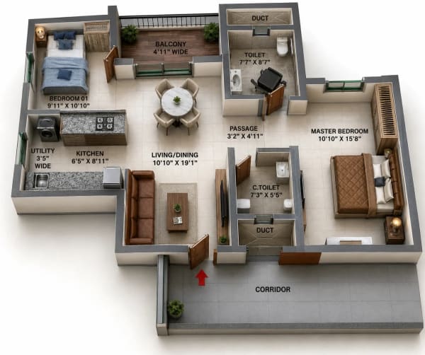 2 BHK Apartment floor plan — TVS Emerald Serene Springs