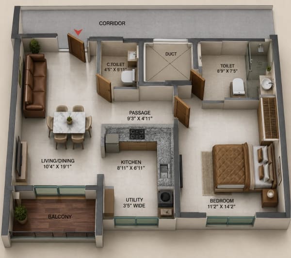 1 BHK Apartment floor plan