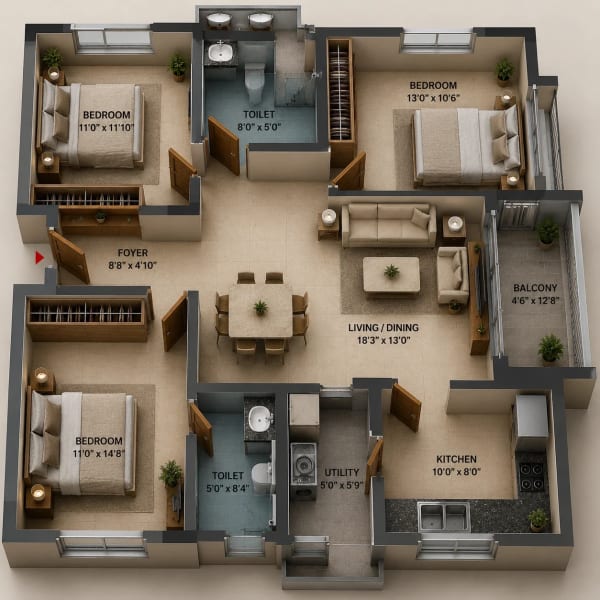 2.5 BHK Apartment floor plan — NCC Urban Signature Towers