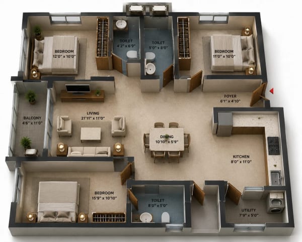 3 BHK Apartment floor plan — NCC Urban Signature Towers