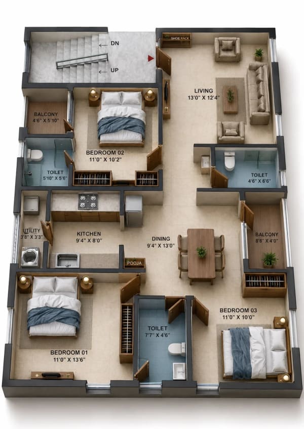 3 BHK Apartment floor plan