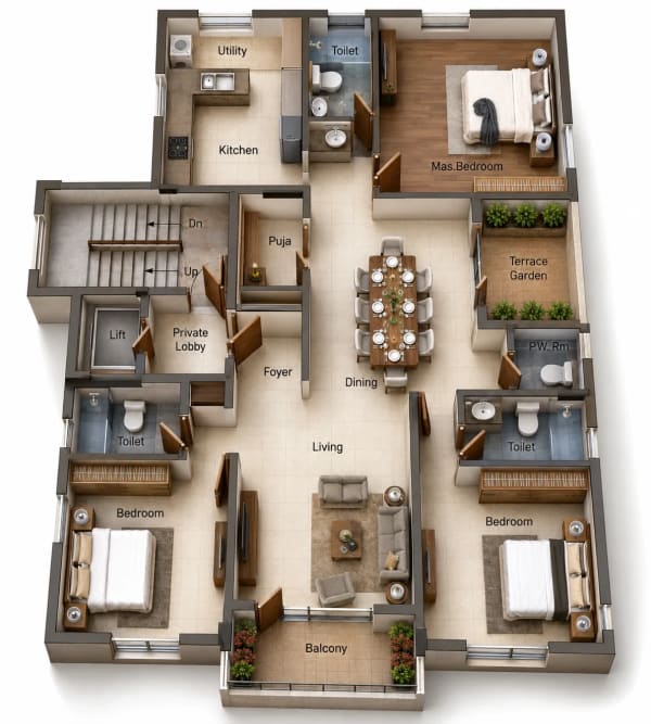 3 BHK Apartment floor plan