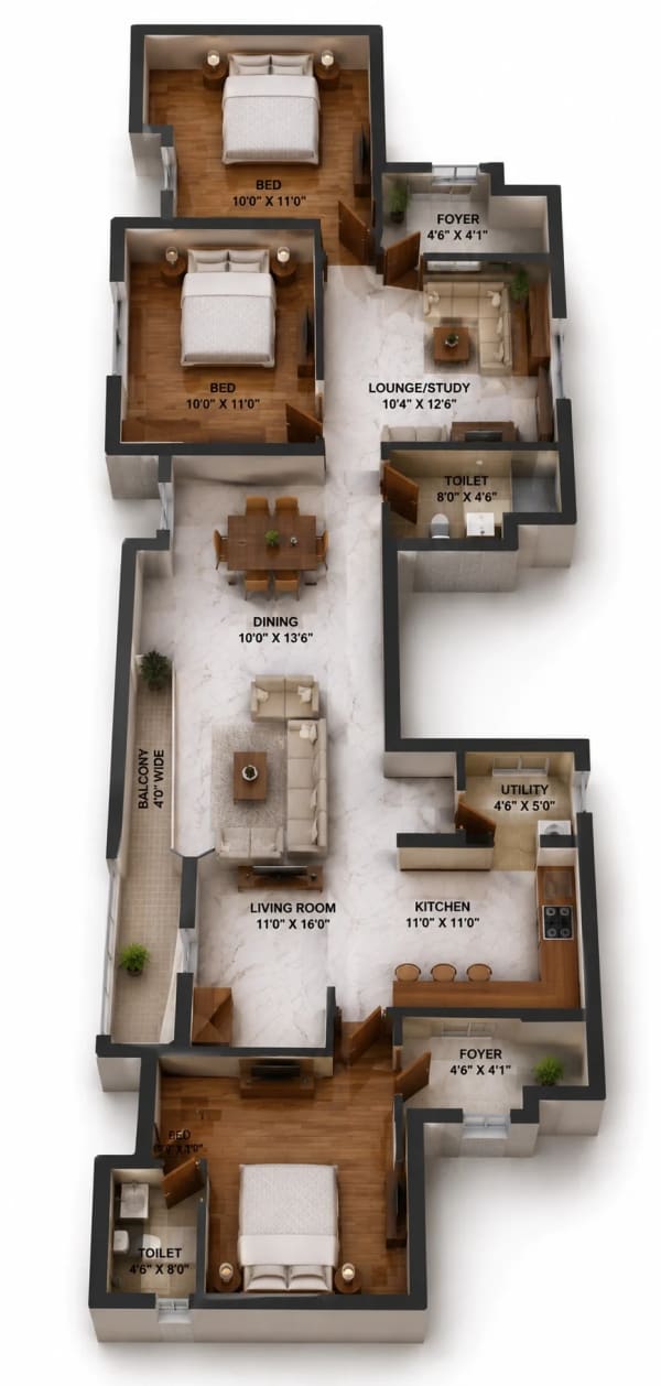 3 BHK Apartment floor plan