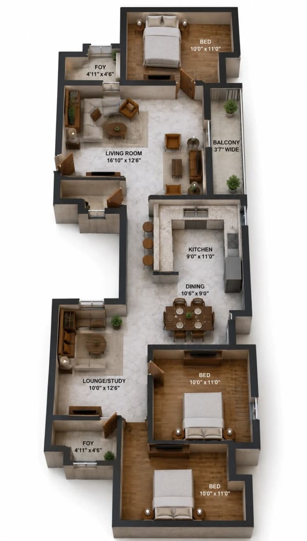 3 BHK Apartment floor plan