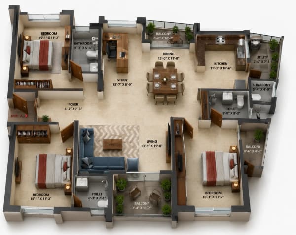 3.5 BHK Apartment floor plan — Navins Aum Griha