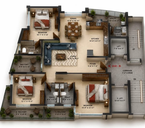 3 BHK Apartment floor plan