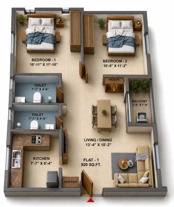 2 BHK Apartment floor plan