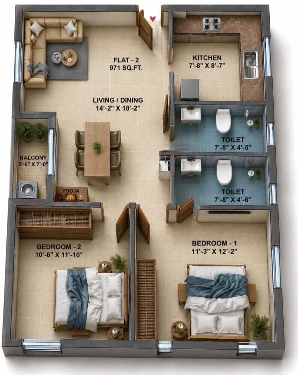 2 BHK Apartment floor plan