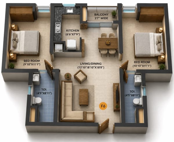 2 BHK Apartment floor plan