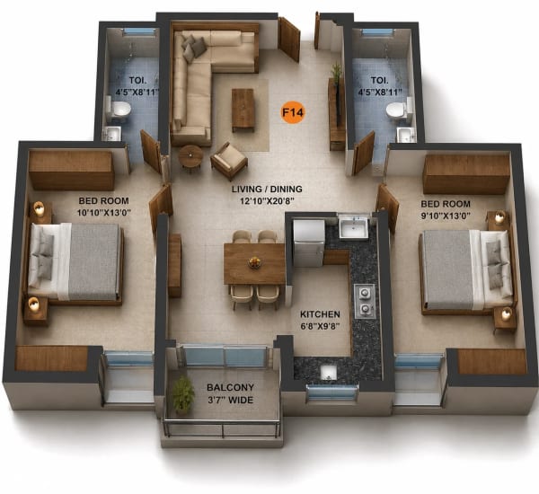 2 BHK Apartment floor plan
