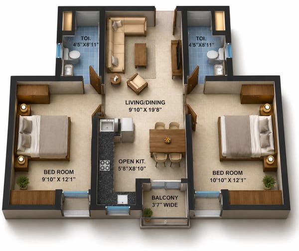 2 BHK Apartment floor plan
