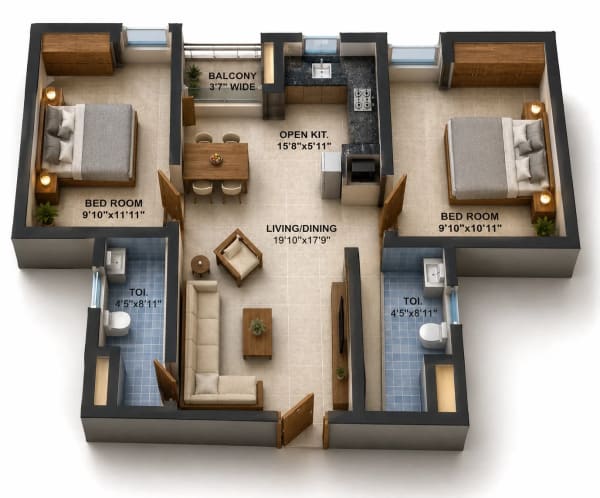 2 BHK Apartment floor plan