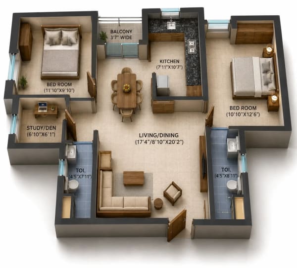 2 BHK Apartment floor plan