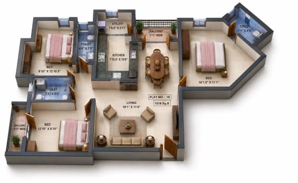 3 BHK Apartment floor plan — Navins Hillview Avenue