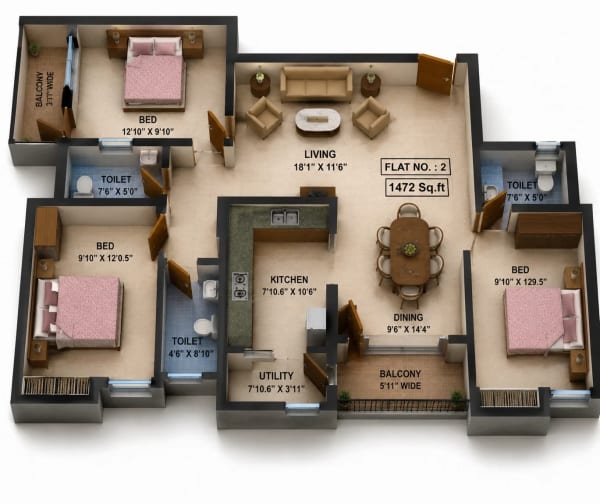 3 BHK Apartment floor plan — Navins Hillview Avenue