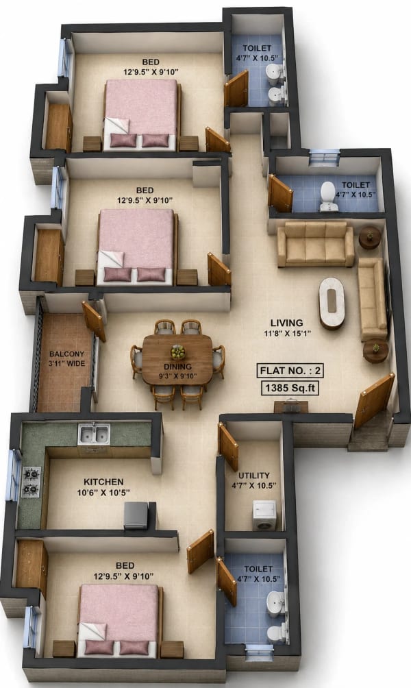 3 BHK Apartment floor plan — Navins Hillview Avenue