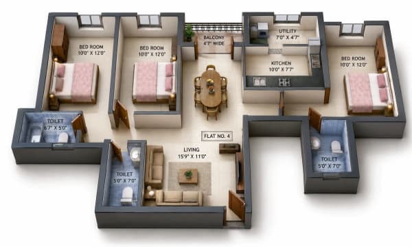 3 BHK Apartment floor plan — Navins Hillview Avenue