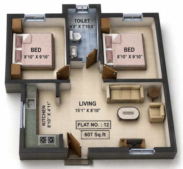 2 BHK Apartment floor plan