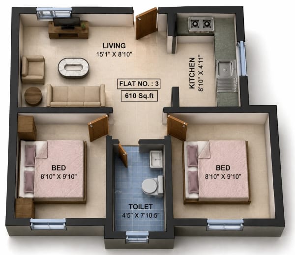 2 BHK Apartment floor plan