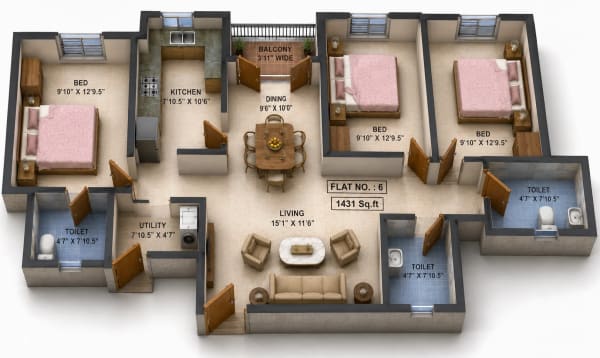 3 BHK Apartment floor plan — Navins Hillview Avenue