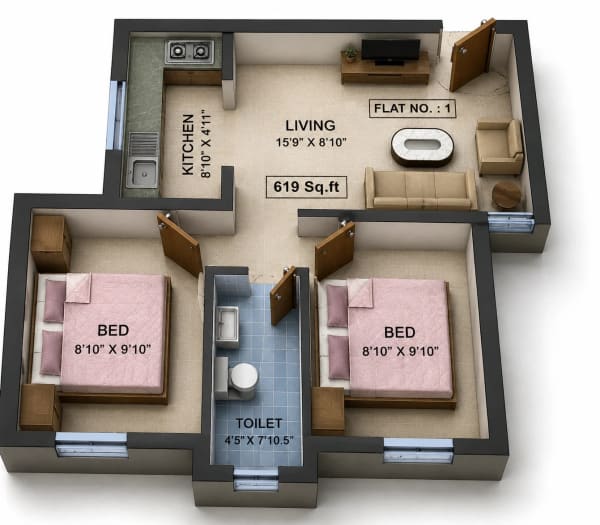 2 BHK Apartment floor plan