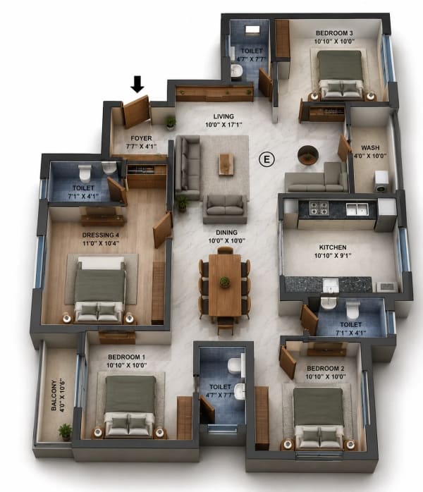 4 BHK Apartment floor plan — Navins RP Enclave