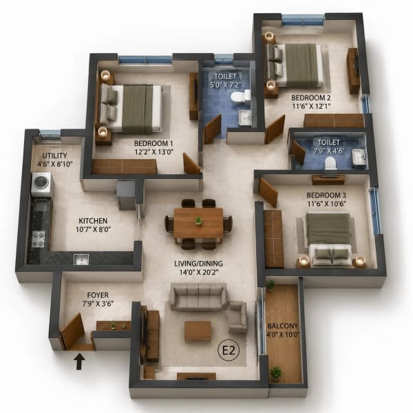 3 BHK Apartment floor plan
