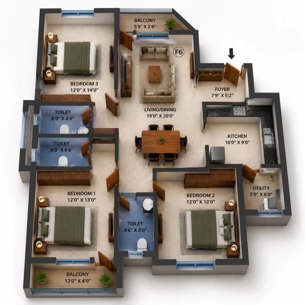 3 BHK Apartment floor plan