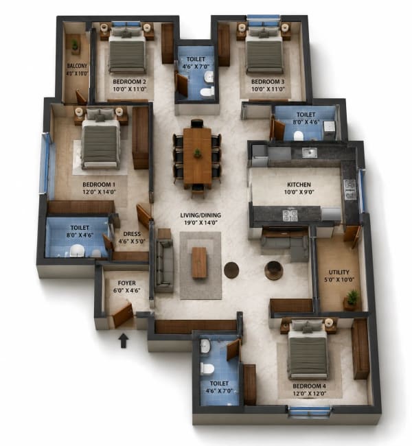 4 BHK Apartment floor plan — Navins RP Enclave