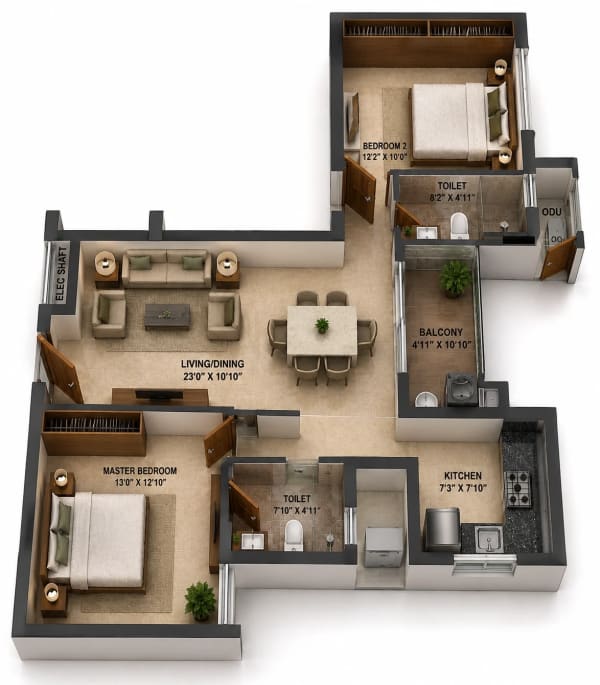 2 BHK Apartment floor plan