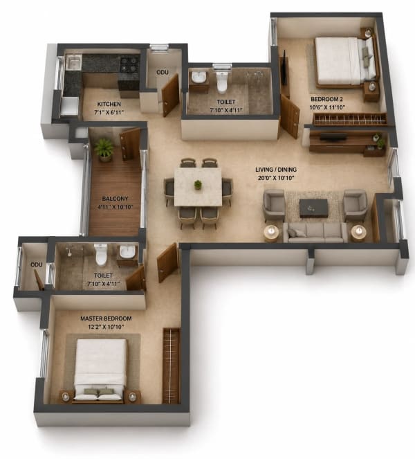 2 BHK Apartment floor plan