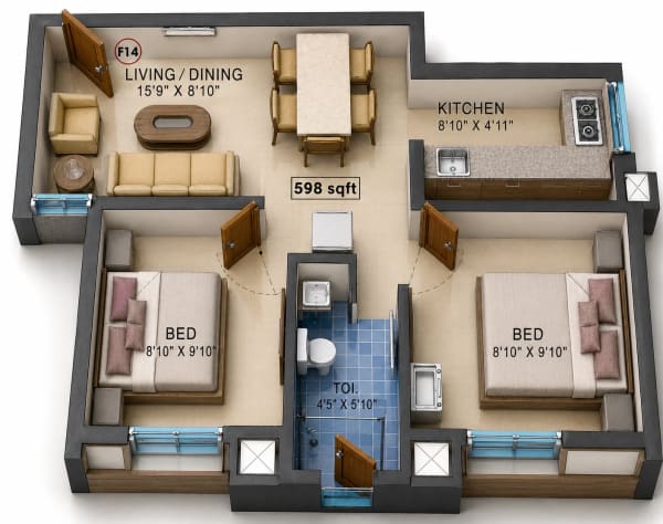 2 BHK Apartment floor plan
