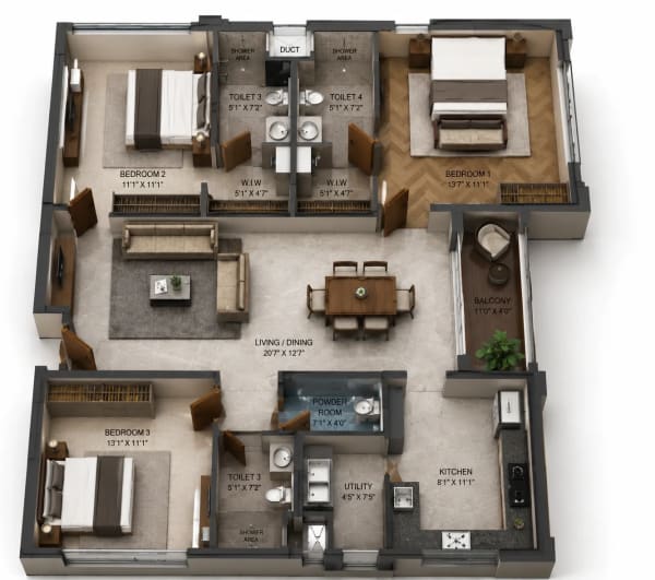 3 BHK Apartment floor plan