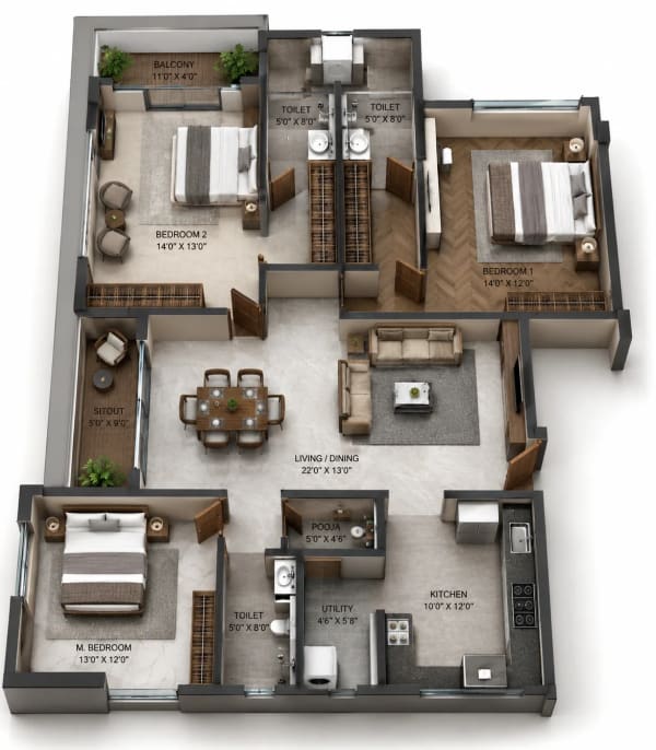 3 BHK Apartment floor plan