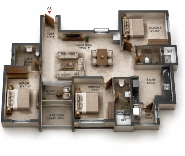 3 BHK Apartment floor plan