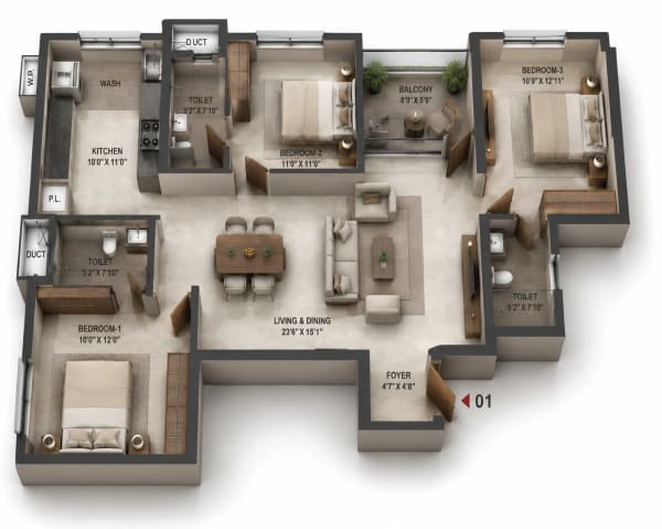3 BHK Apartment floor plan