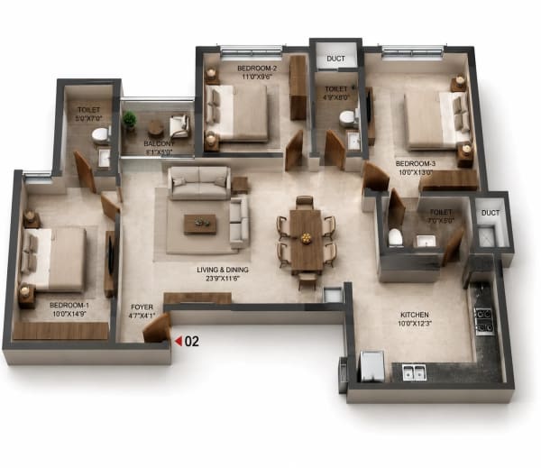 3 BHK Apartment floor plan