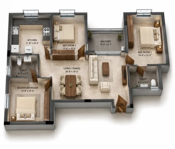 3 BHK Apartment floor plan