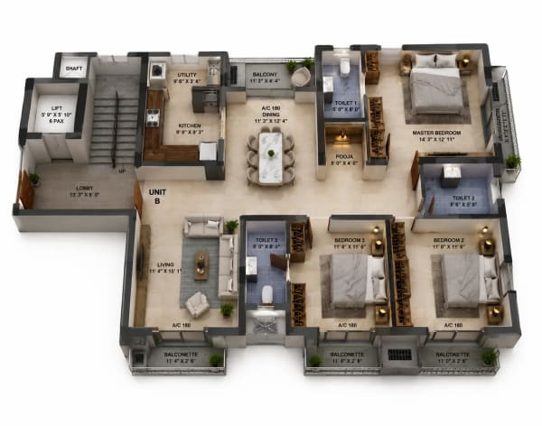 3 BHK Apartment floor plan