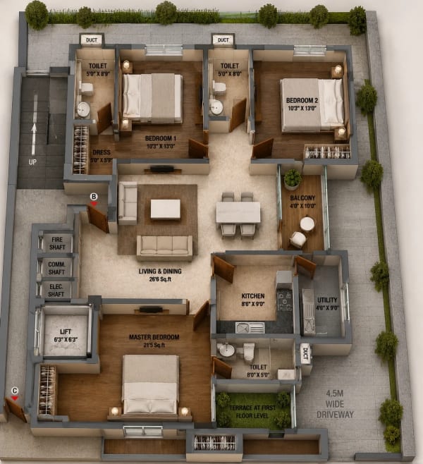 3 BHK Apartment floor plan