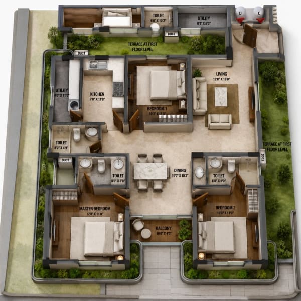 3 BHK Apartment floor plan